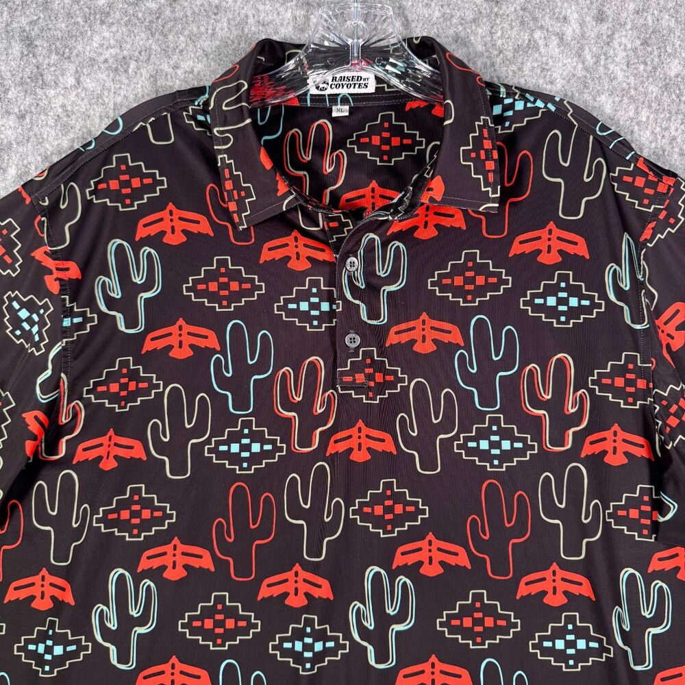 Raised By Coyotes Polo Shirt Mens XL Black Red Southwestern Cactus Aztec